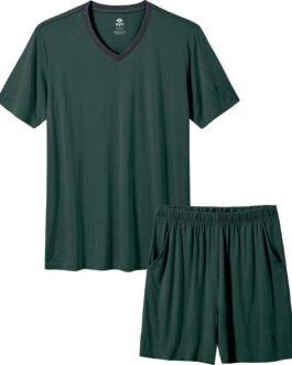MoFiz Mens Pajama Set Summer Pjs Sleepwear Nightwear Lightweight Quick Dry Soft Short Sleeve V-Neck Pjs Sleep Set With Pocket