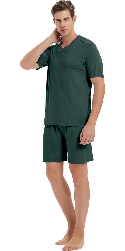 MoFiz Mens Pajama Set Summer Pjs Sleepwear Nightwear Lightweight Quick Dry Soft Short Sleeve V-Neck Pjs Sleep Set With Pocket - Image 8