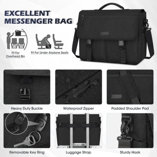 NEWHEY 15.6" Water-resistant Laptop Messenger Bag for Men, Black - Image 5