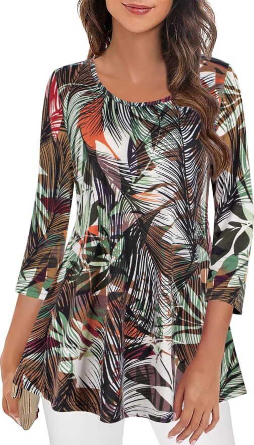 Nandashe Womens 3/4 Sleeves Floral Tunic Shirts Summer Casual Dressy Blouse Tops - Image 2