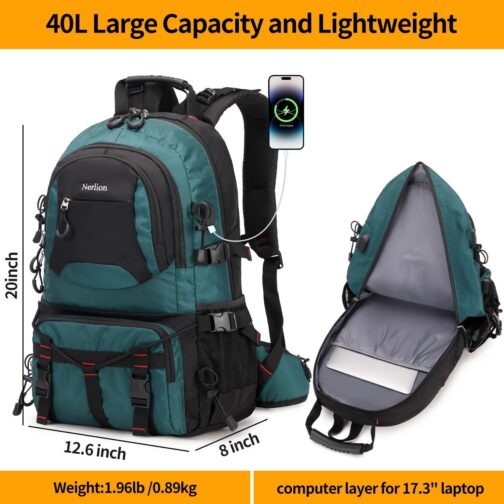 Nerlion 40L Hiking Backpack Travel Backpack for Men Women Camping Waterproof Outdoor Hiking Daypack Lightweight Backpack (Dark Green) - Image 5