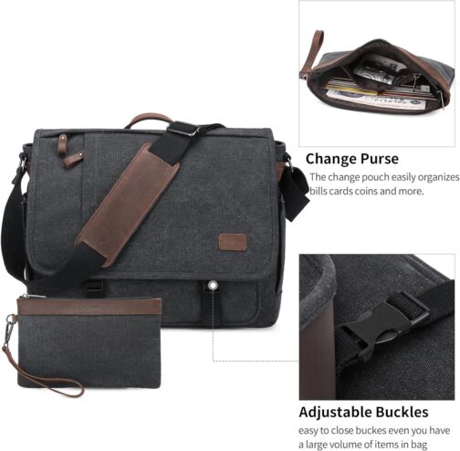 Nerlion 17-17.3" Men's Water-resistant Canvas Laptop Messenger Bag, Dark Gray - Image 3