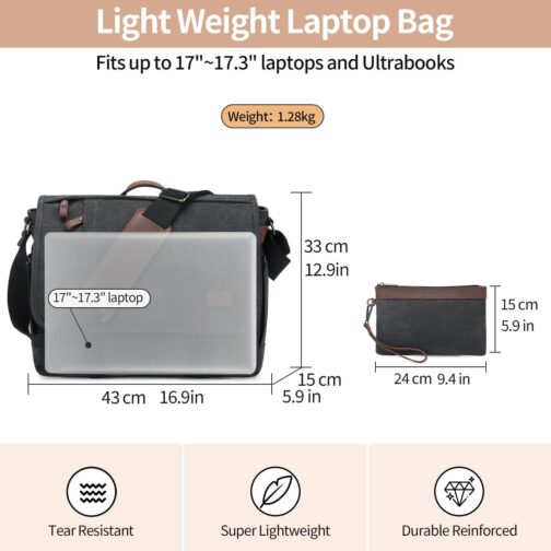 Nerlion 17-17.3" Men's Water-resistant Canvas Laptop Messenger Bag, Dark Gray - Image 5