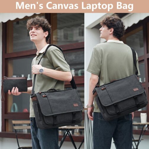 Nerlion 17-17.3" Men's Water-resistant Canvas Laptop Messenger Bag, Dark Gray - Image 2