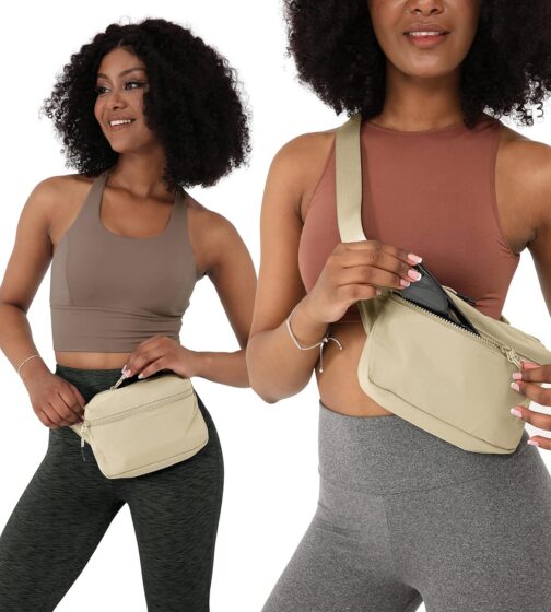 ODODOS 2L Belt Bag for Women Men, Crossbody Fanny Packs with Adjustable Strap Waist Pouch for Workout Hiking Running Travel, Beige - Image 3
