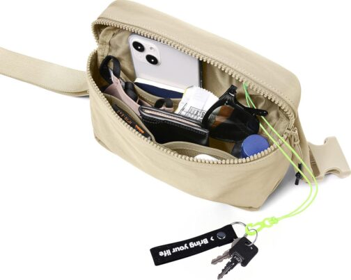 ODODOS 2L Belt Bag for Women Men, Crossbody Fanny Packs with Adjustable Strap Waist Pouch for Workout Hiking Running Travel, Beige - Image 5