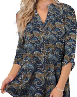 Othyroce Womens Floral Printed Tunic Tops 3/4 Roll Sleeve V Neck Blouses Long Sleeve Shirts for Women