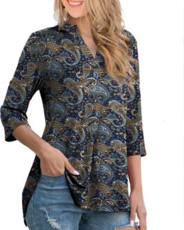 Othyroce Womens Floral Printed Tunic Tops 3/4 Roll Sleeve V Neck Blouses Long Sleeve Shirts for Women