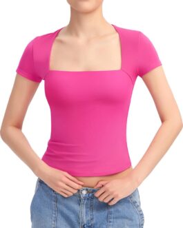 PUMIEY Women’s Square Neck Going Out Tops Sexy Slim Fit Short Sleeve T Shirts Smoke Cloud Pro Collection