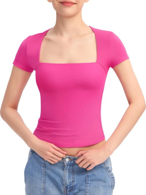 PUMIEY Women's Square Neck Going Out Tops Sexy Slim Fit Short Sleeve T Shirts Smoke Cloud Pro Collection