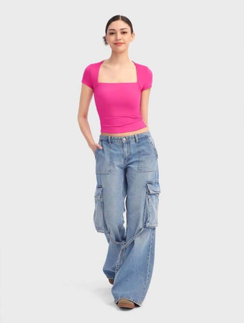 PUMIEY Women's Square Neck Going Out Tops Sexy Slim Fit Short Sleeve T Shirts Smoke Cloud Pro Collection - Image 7