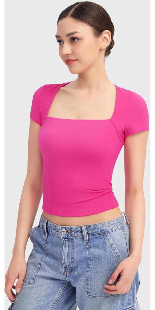 PUMIEY Women's Square Neck Going Out Tops Sexy Slim Fit Short Sleeve T Shirts Smoke Cloud Pro Collection - Image 4