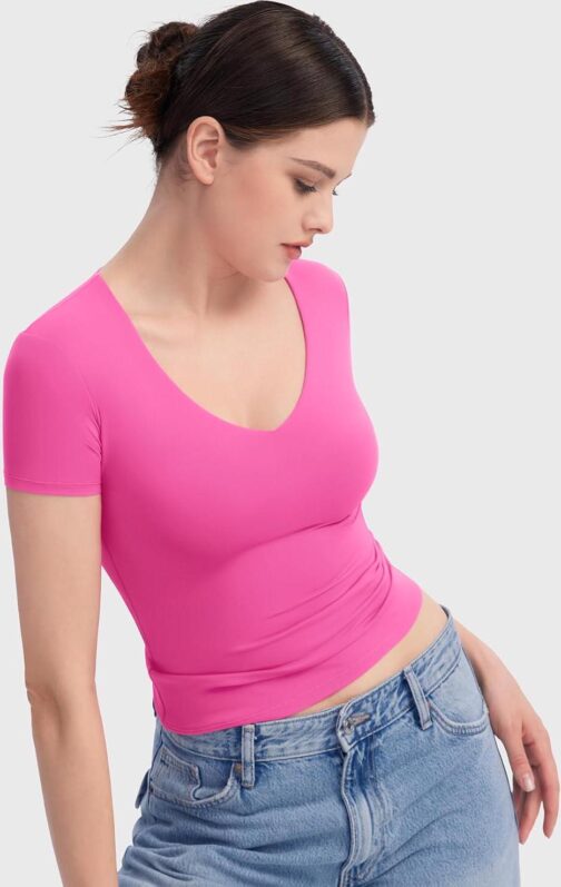 PUMIEY Women's V Neck Short Sleeve T Shirts Slim Fit Going Out Tops Sexy Basic Tee Sharp Collection - Image 4