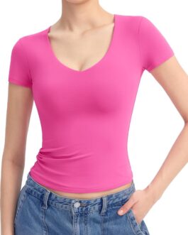 PUMIEY Women’s V Neck Short Sleeve T Shirts Slim Fit Going Out Tops Sexy Basic Tee Sharp Collection