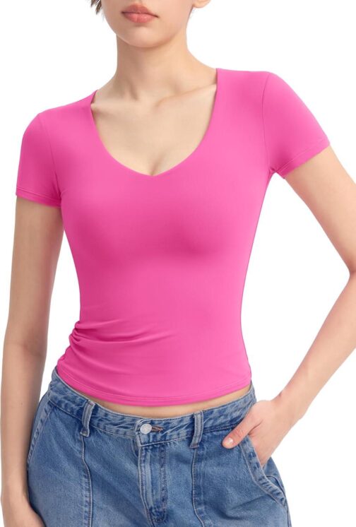 PUMIEY Women's V Neck Short Sleeve T Shirts Slim Fit Going Out Tops Sexy Basic Tee Sharp Collection