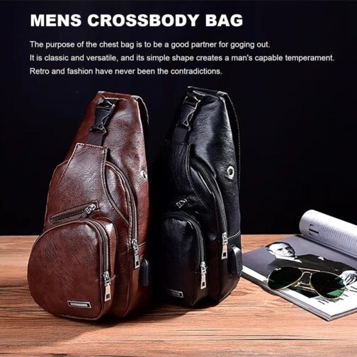 Peicees Leather Sling Bag Mens Crossbody Bag Chest Bag Sling Backpack for Men with USB Charge Port - Image 9