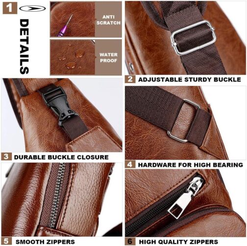 Peicees Leather Sling Bag Mens Crossbody Bag Chest Bag Sling Backpack for Men with USB Charge Port - Image 2