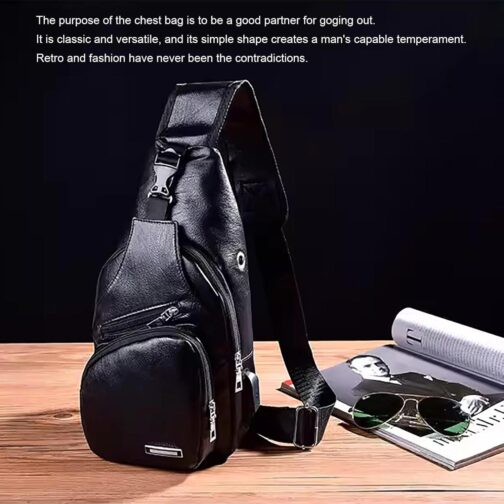 Peicees Leather Sling Bag Mens Crossbody Bag Chest Bag Sling Backpack for Men with USB Charge Port - Image 8