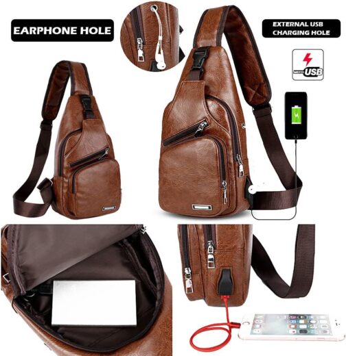 Peicees Leather Sling Bag Mens Crossbody Bag Chest Bag Sling Backpack for Men with USB Charge Port - Image 4