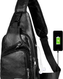 Peicees Leather Sling Bag Mens Crossbody Bag Chest Bag Sling Backpack for Men with USB Charge Port