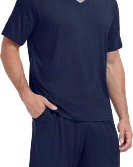 PrinStory Men’s Pajama Set Sleepwear Pjs Lightweight Quick Dry Short Sleeve V-Neck Shirts and Shorts Soft Comfy Sleep Sets