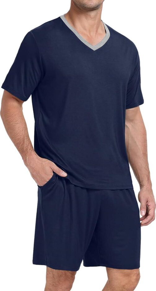 PrinStory Men's Pajama Set Sleepwear Pjs Lightweight Quick Dry Short Sleeve V-Neck Shirts and Shorts Soft Comfy Sleep Sets - Image 2
