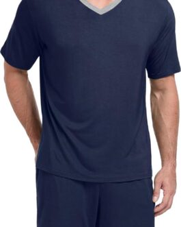 PrinStory Men’s Pajama Set Sleepwear Pjs Lightweight Quick Dry Short Sleeve V-Neck Shirts and Shorts Soft Comfy Sleep Sets