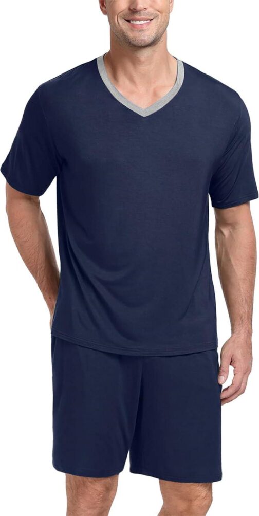 PrinStory Men's Pajama Set Sleepwear Pjs Lightweight Quick Dry Short Sleeve V-Neck Shirts and Shorts Soft Comfy Sleep Sets