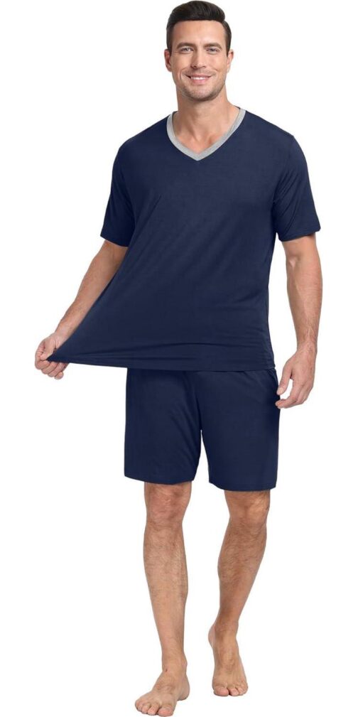 PrinStory Men's Pajama Set Sleepwear Pjs Lightweight Quick Dry Short Sleeve V-Neck Shirts and Shorts Soft Comfy Sleep Sets - Image 4