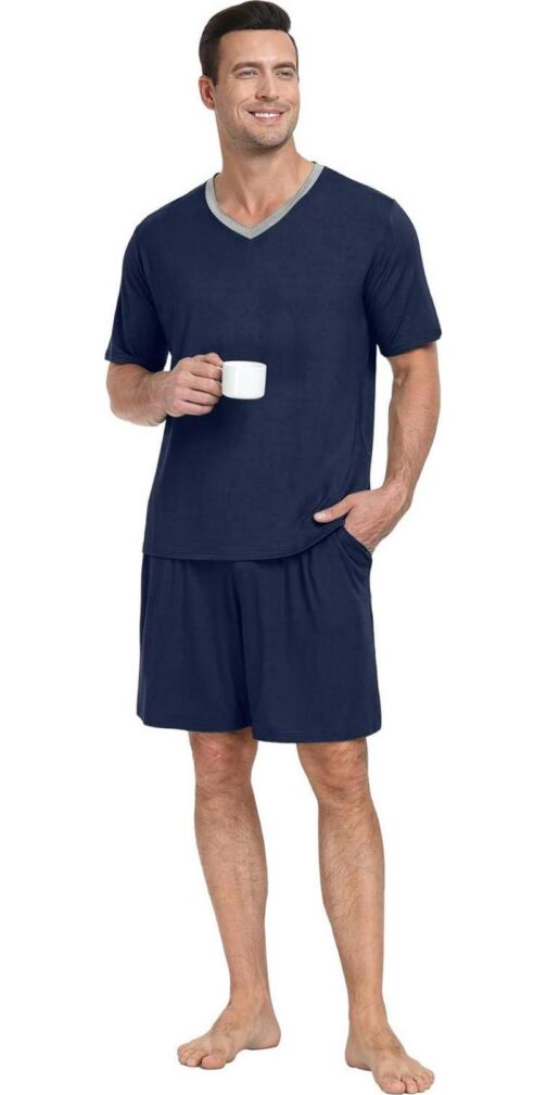 PrinStory Men's Pajama Set Sleepwear Pjs Lightweight Quick Dry Short Sleeve V-Neck Shirts and Shorts Soft Comfy Sleep Sets - Image 3