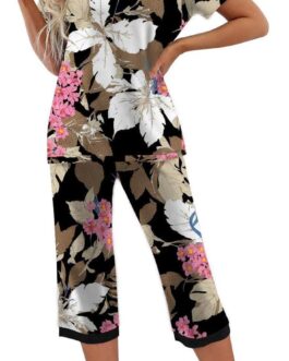 PrinStory Women’s Pajama Set Short Sleeve Shirt and Capri Pants Sleepwear Pjs Sets with Pockets