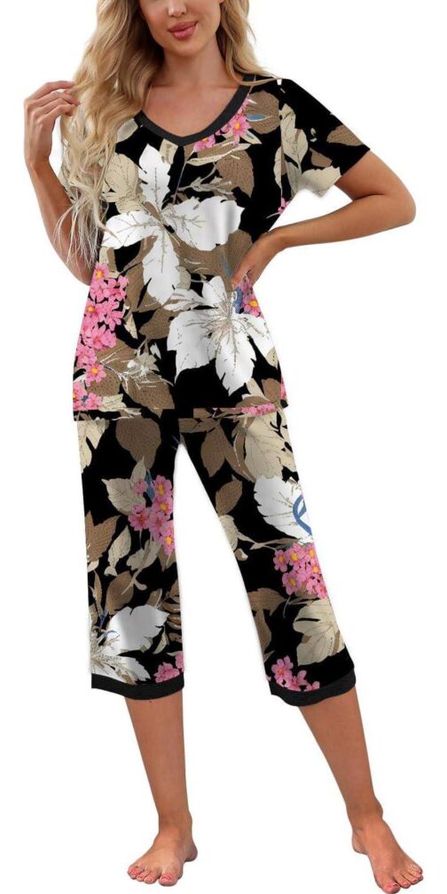 PrinStory Women's Pajama Set Short Sleeve Shirt and Capri Pants Sleepwear Pjs Sets with Pockets - Image 2