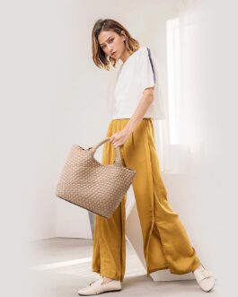 Queenoris Woven Bag for Women, Vegan Leather Tote Bag Large Summer Beach Travel Handbag and Purse Retro Handmade Shoulder Bag