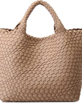 Queenoris Woven Bag for Women, Vegan Leather Tote Bag Large Summer Beach Travel Handbag and Purse Retro Handmade Shoulder Bag