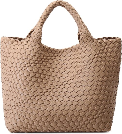 Queenoris Woven Bag for Women, Vegan Leather Tote Bag Large Summer Beach Travel Handbag and Purse Retro Handmade Shoulder Bag