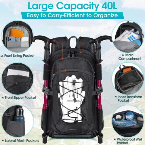 RAINSMORE Hiking Backpack 40L Waterproof Camping Backpack Lightweight Packable Backpack for Women Men Outdoor Travel Daypack - Image 4