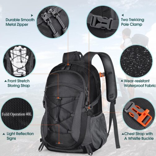 RAINSMORE Hiking Backpack 40L Waterproof Camping Backpack Lightweight Packable Backpack for Women Men Outdoor Travel Daypack - Image 2