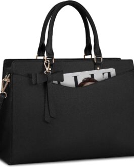 RAINSMORE Laptop Bag for Women 15.6 Inch PU Tote Bag Business Office Work Bag Waterproof Briefcase Computer Tote Lightweight Handbag Shoulder, Black