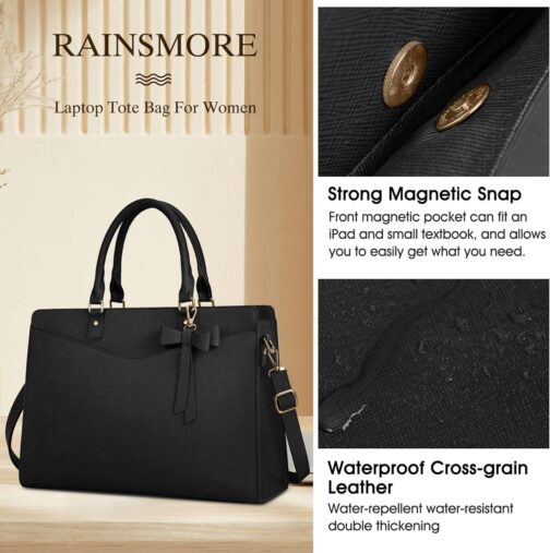 RAINSMORE Laptop Bag for Women 15.6 Inch PU Tote Bag Business Office Work Bag Waterproof Briefcase Computer Tote Lightweight Handbag Shoulder, Black - Image 3
