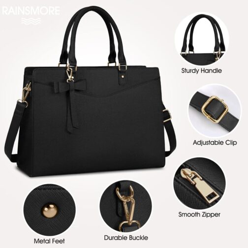 RAINSMORE Laptop Bag for Women 15.6 Inch PU Tote Bag Business Office Work Bag Waterproof Briefcase Computer Tote Lightweight Handbag Shoulder, Black - Image 4