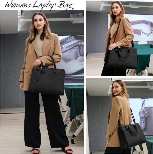 RAINSMORE Laptop Bag for Women 15.6 Inch PU Tote Bag Business Office Work Bag Waterproof Briefcase Computer Tote Lightweight Handbag Shoulder, Black - Image 7