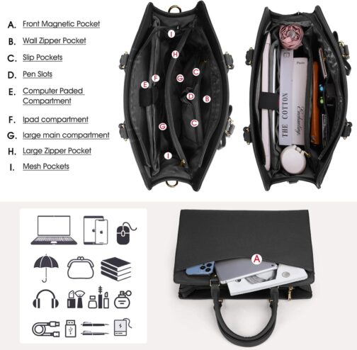 RAINSMORE Laptop Bag for Women 15.6 Inch PU Tote Bag Business Office Work Bag Waterproof Briefcase Computer Tote Lightweight Handbag Shoulder, Black - Image 5