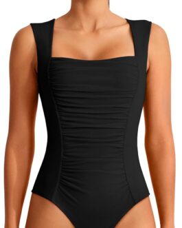 REORIA Women’s Square Neck Body suit Sleeveless Sexy Mesh Ruched Bodysuits Tank Tops 2024 Spring/Summer Designer Collection