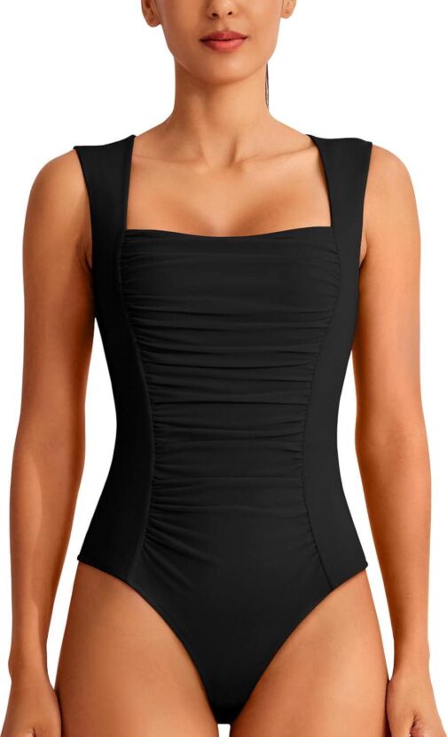 REORIA Women's Square Neck Body suit Sleeveless Sexy Mesh Ruched Bodysuits Tank Tops 2024 Spring/Summer Designer Collection