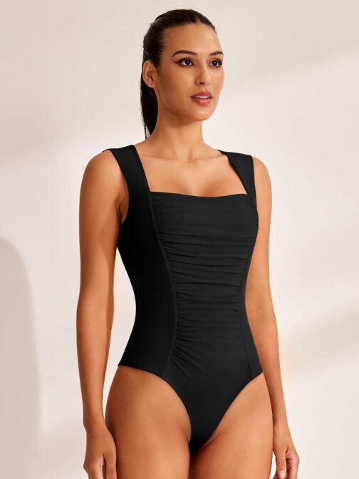 REORIA Women's Square Neck Body suit Sleeveless Sexy Mesh Ruched Bodysuits Tank Tops 2024 Spring/Summer Designer Collection - Image 2