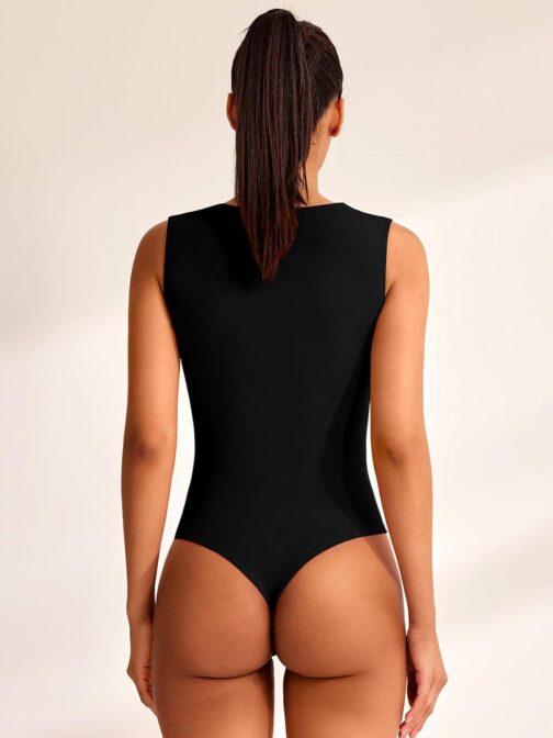 REORIA Women's Square Neck Body suit Sleeveless Sexy Mesh Ruched Bodysuits Tank Tops 2024 Spring/Summer Designer Collection - Image 3