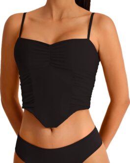 REORIA Women’s V Neck Tank Top Sleeveless Sexy Sheer Mesh Ruched Y2k Crop Tops 2024 Spring/Summer Designer Collection