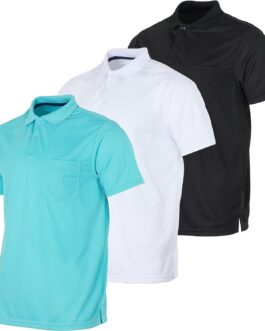 Real Essentials 3 Pack: Mens Short Sleeve Dry-Fit Collared Polo Shirt with Pocket – Active Casual (Available Big and Tall)