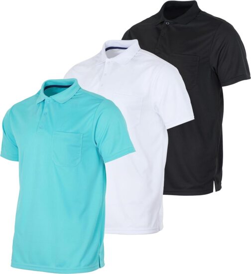 Real Essentials 3 Pack: Mens Short Sleeve Dry-Fit Collared Polo Shirt with Pocket - Active Casual (Available Big and Tall)