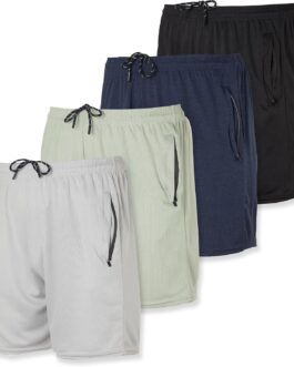 Real Essentials 4 Pack: Men’s 5  Mesh Quick-Dry Running Shorts with Zipper Pockets and Drawstring (Available in Big and Tall)